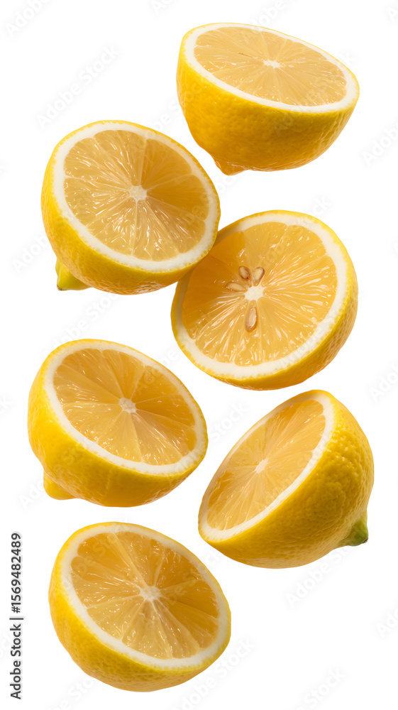 Fototapeta premium Flying yellow lemon and half slices isolated on transparent white background 