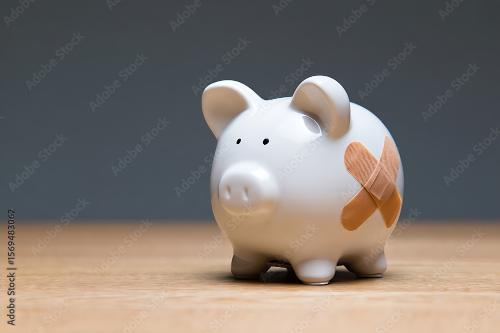 Fototapeta premium A white ceramic piggy bank with two adhesive bandages applied to its side sits on a wooden surface against a muted grey background symbolizing financial recovery or damage