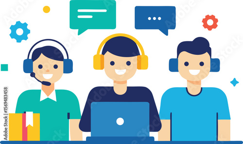 Smiling people with headphones and laptops communicating communication support