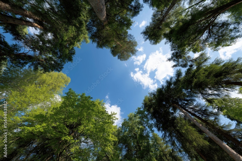 Skyward view through lush forest canopy with blue sky and clouds Skyward view through lush forest canopy with blue sky and clouds