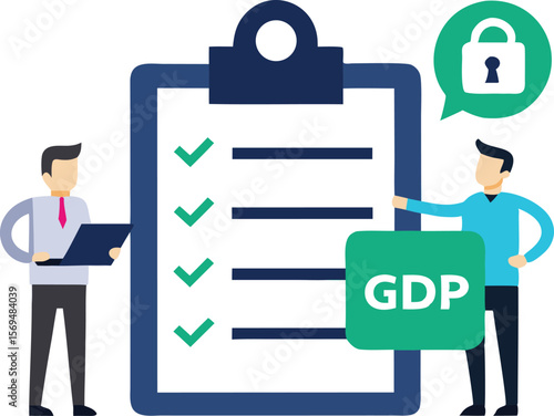 Business professionals reviewing checklist and G D P data clipboard vector