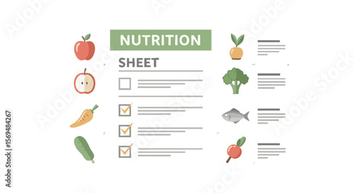 Nutrition Sheet with Icons of Healthy Food and Checkboxes, Flat Vector