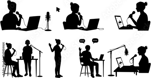 vector silhouette of a blogger hosting a podcast on a white background . Generative AI
