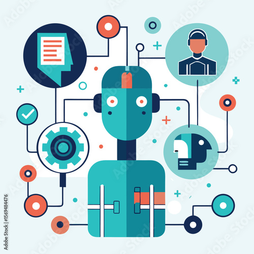 Futuristic vector illustration representing artificial intelligence with connected human heads and gears for technological advancement.