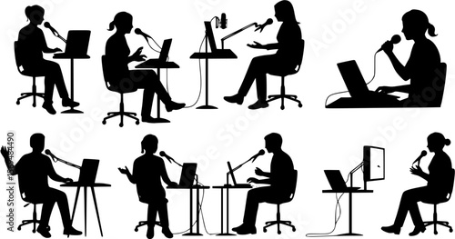 vector silhouette of a blogger hosting a podcast on a white background . Generative AI
