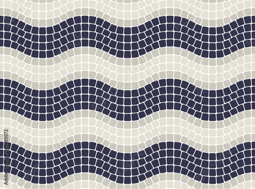 Gray mosaic waves ornament, seamless stone paving tile pattern in portuguese style, wavy mosaic lines, vector