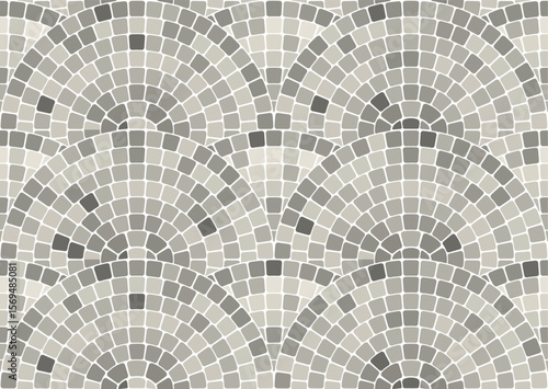 Seamless mosaic pattern with round waves in portuguese style, gray geometric decorative scales pavement, stone tiling with water ornament, vector
