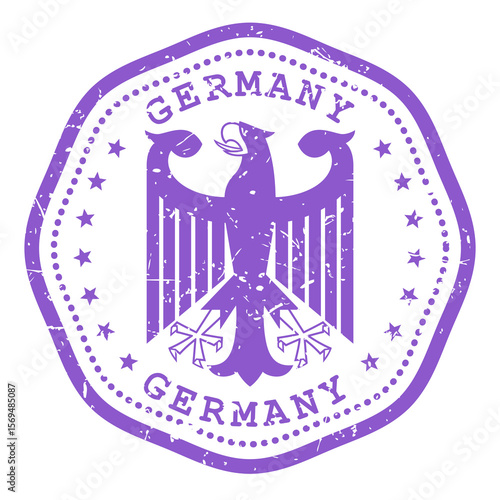 Germany stamp with state seal or coat of arms, emblem of Germany with heraldic eagle, travel stamp, shabby postmark, vector