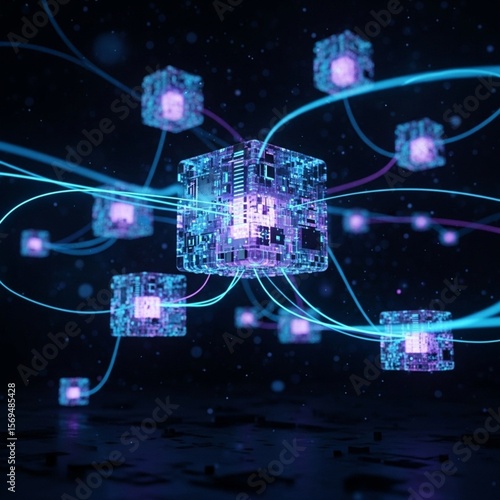 Connected glowing digital cubes with flowing lines, representing data and networks.