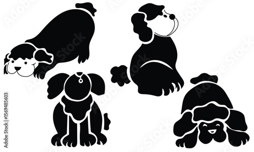 hand drawn dog silhouette doodles in different sitting and lying poses. Designed in a playful, cartoon style, perfect for use in children’s projects, pet-themed prints, stickers, coloring books, brand