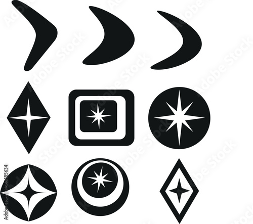 Mid century 9 black and white icons set featuring boomerangs, harlequin diamonds, squares, circles and atomic starbursts. For clip art, stickers and scrapbooking