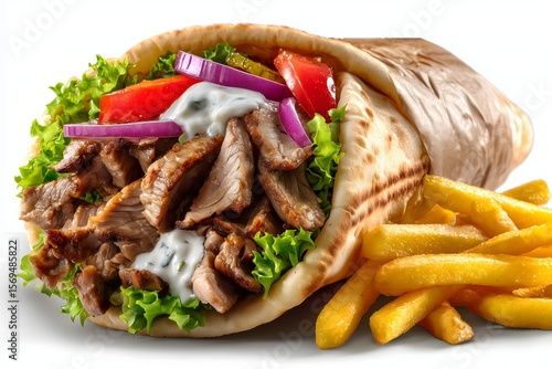 A chicken gyros with a side of french fries on a white background