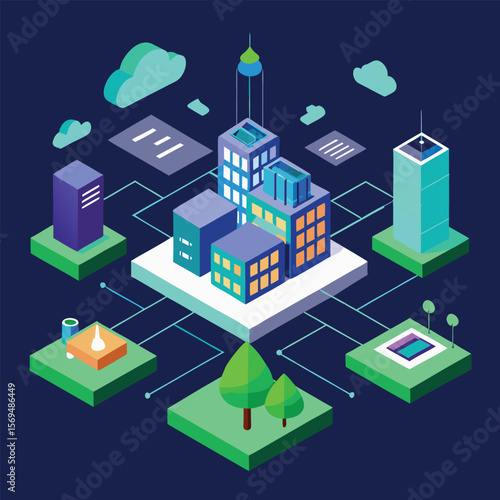 Modern isometric city illustration featuring buildings infrastructure and connectivity in a futuristic digital environment