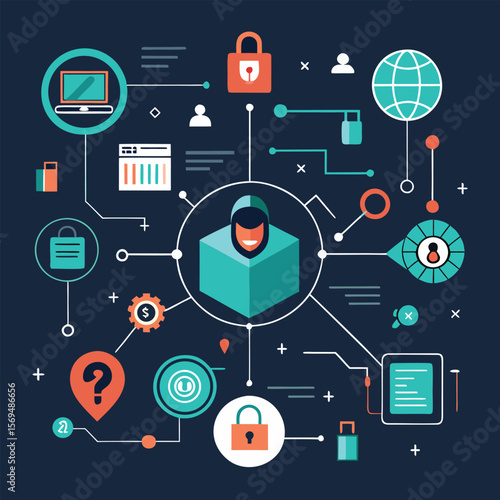 Network security illustration depicting cyber threats and digital safety measures against online attacks and data breaches