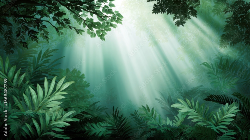 Fototapeta premium Lush green forest with sunlight filtering through trees, creating a serene and tranquil atmosphere