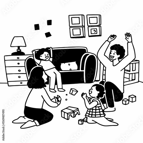 Overjoyed biracial family with kids have fun at home