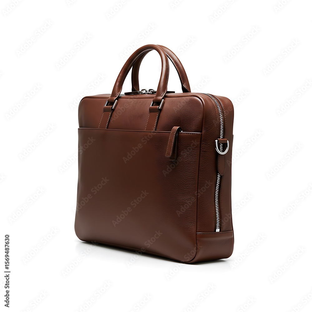 stylish italian leather laptop bag, structured with chrome zippers, soft natural shadow, isolated on white background stylish italian leather laptop bag, structured with chrome zippers, soft natural shadow, isolated on white background