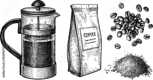 Coffee set ink sketch.