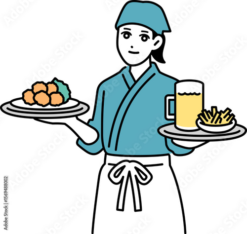 料理を運ぶ女性の居酒屋店員