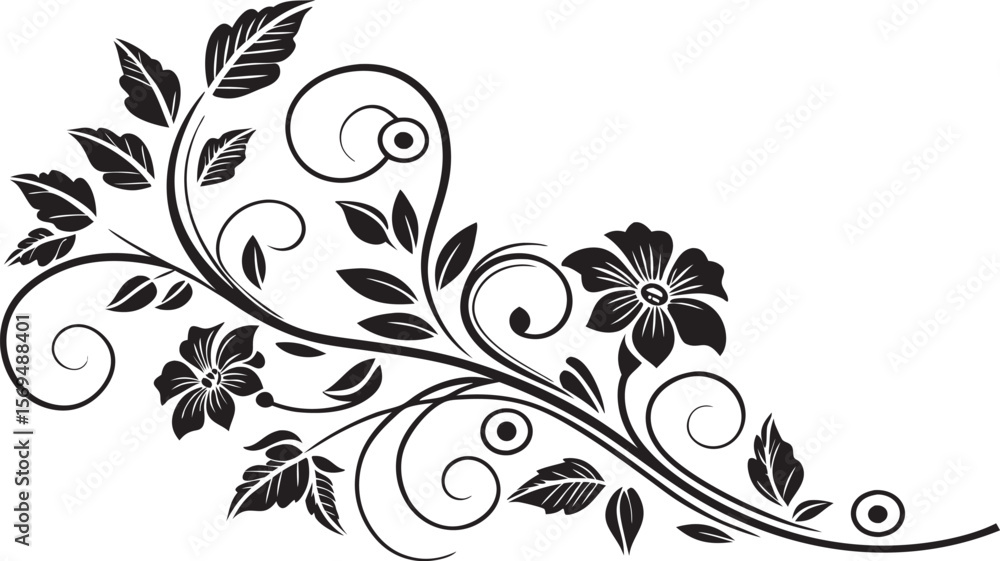 Elegant black and white floral swirl with detailed leaves and blooming flowers a classic decorative design element isolated on transparent background Elegant black and white floral swirl with detailed leaves and blooming flowers a classic decorative design element isolated on transparent background