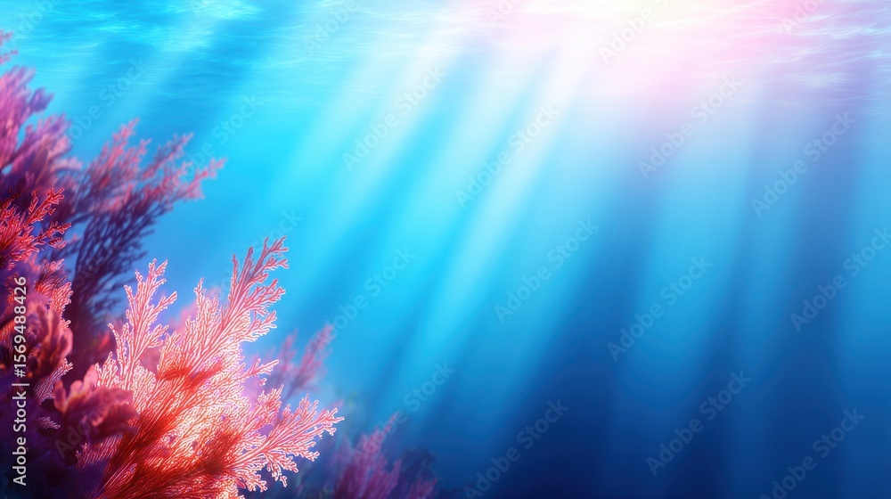 Fototapeta premium Vibrant underwater scene showcasing colorful coral reefs with sun rays piercing through water