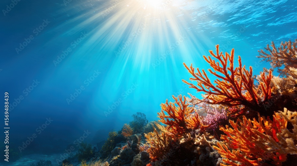 Fototapeta premium Vibrant underwater scene showcasing colorful coral reefs illuminated by sunlight rays