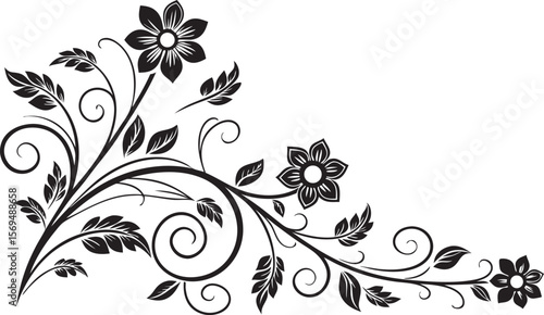 Elegant black floral design with swirling vines leaves and stylized flowers isolated on transparent background for versatile graphic applications