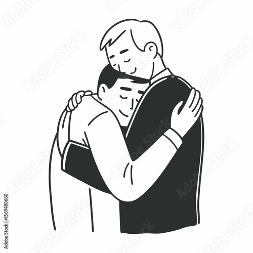 Portrait of happy middle-aged Caucasian father hug adult grownup 30s son, feel proud thankful. Smiling millennial 20s man embrace mature optimistic grey-haired dad parent. Family unity concept