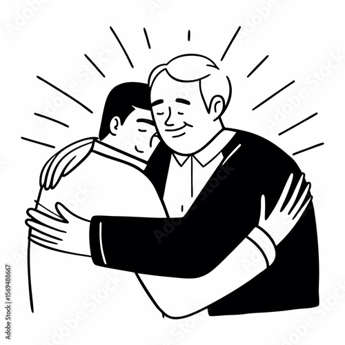 Portrait of happy middle-aged Caucasian father hug adult grownup 30s son, feel proud thankful. Smiling millennial 20s man embrace mature optimistic grey-haired dad parent. Family unity concept
