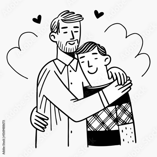 Portrait of happy middle-aged Caucasian father hug adult grownup 30s son, feel proud thankful. Smiling millennial 20s man embrace mature optimistic grey-haired dad parent. Family unity concept