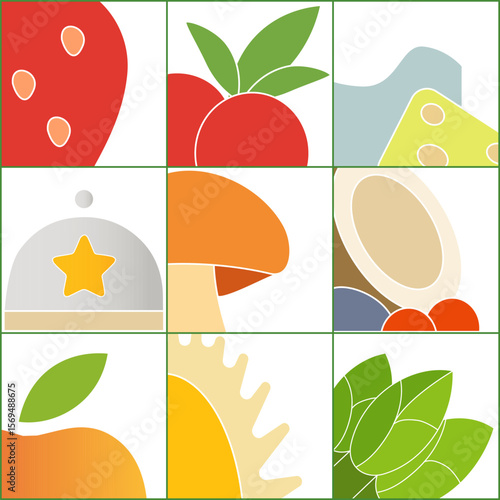 Flat vector set of nine minimal food icons: strawberry, generic red berries, milk & cheese duo, serving tray, mushroom, coconut with berries & dried fruits, apple, durian, asparagus.