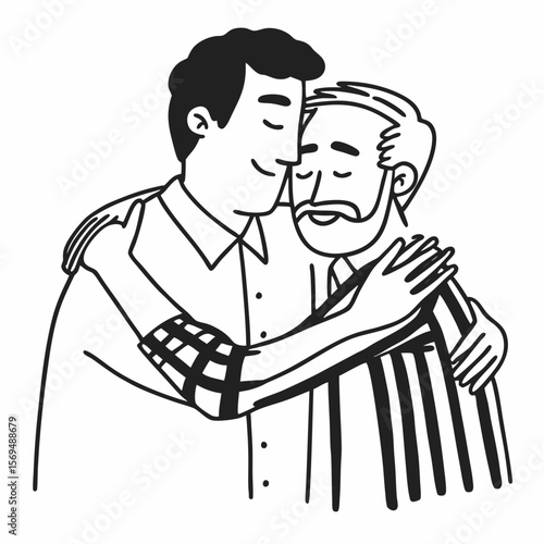 Portrait of happy middle-aged Caucasian father hug adult grownup 30s son, feel proud thankful. Smiling millennial 20s man embrace mature optimistic grey-haired dad parent. Family unity concept