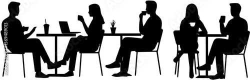 People enjoying coffee time in a cafe black silhouette vector, silhouette, people, cafe, restaurant, group, coffee, chatting, relaxing, friendship, gathering, vector, illustration, design, graphic