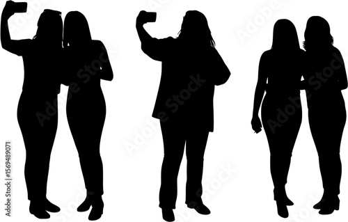 Black silhouette of three women together taking a selfie vector illustration, three women, selfie, silhouette, vector, design, illustration, friendship, group, together, stylish, female, modern, minim