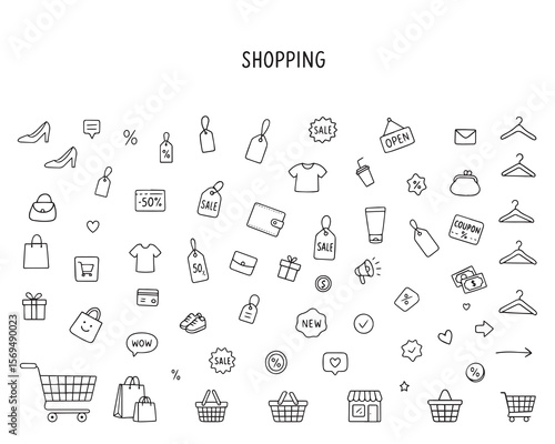 Set of shopping icons in line style. Card templates with outline e-commerce doodlesMobile store, Digital marketing, Bank card, Gifts. 