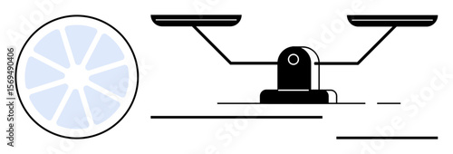 Balance scale with two pans conveys justice, equality, and impartiality. Circular element adds harmony. Ideal for law, balance, justice, decision-making equality stability minimalism. Simple flat