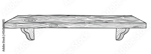 Vector line illustration of wooden Shelf with carved legs and plank texture. Linear drawing of furniture for vintage graphics. Outline etching painted by black inks Isolated on white background.