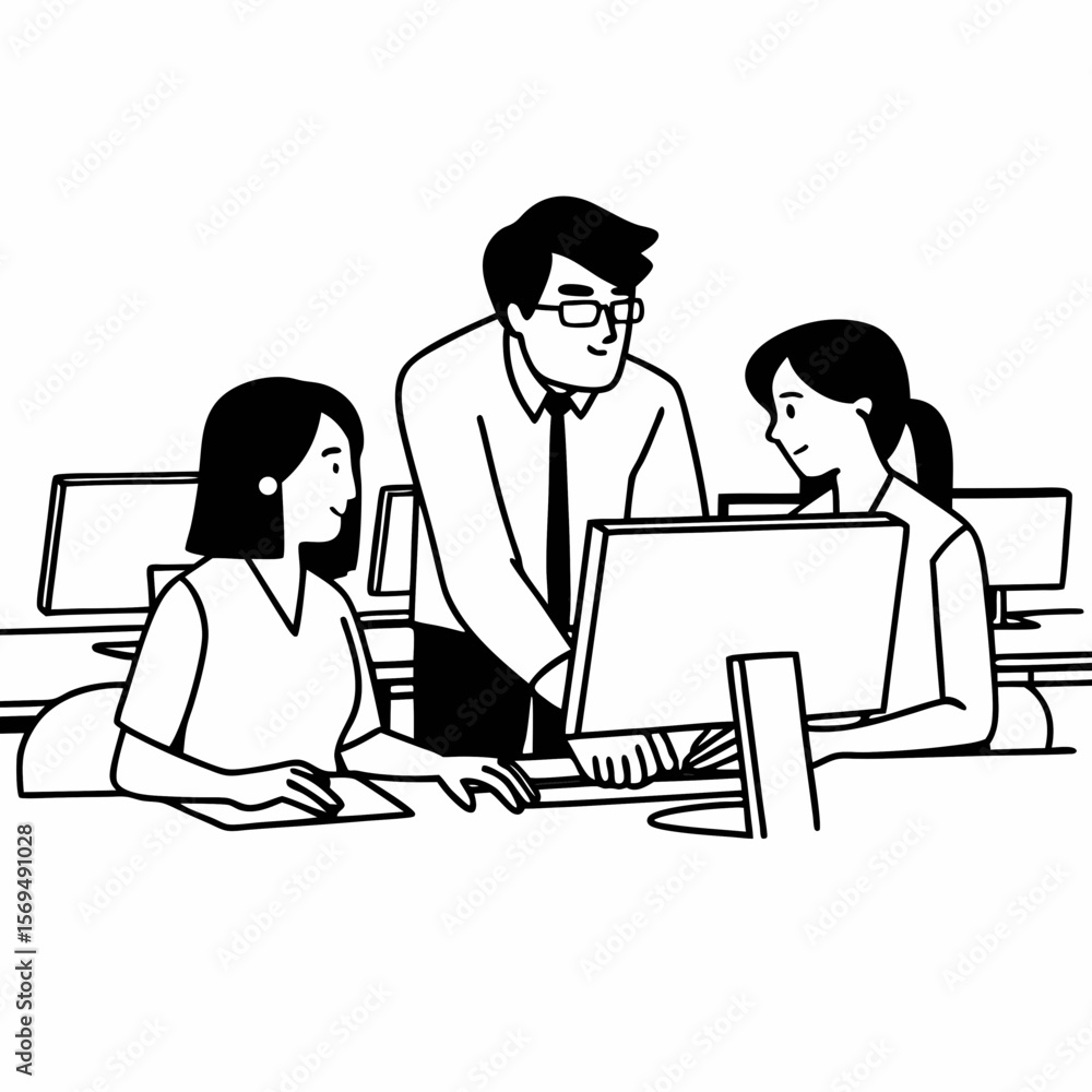 Serious mentor worker talk to female colleague teach intern Serious mentor worker talk to female colleague teach intern
