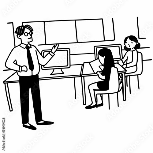 Serious mentor worker talk to female colleague teach intern