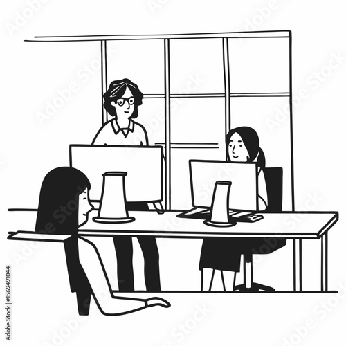 Serious mentor worker talk to female colleague teach intern
