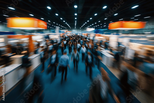 Motion Blurred Crowd Walking Through a Busy Convention and Trade Show Hall