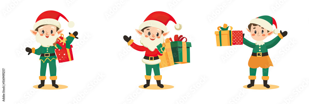 Fototapeta premium Christmas elves holding and presenting wrapped holiday gifts in festive green and red attire with Santa hats flat vector illustration set