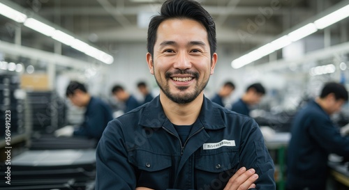 Smiling Asian Factory Worker in Blue Uniform with Arms Crossed Portrait