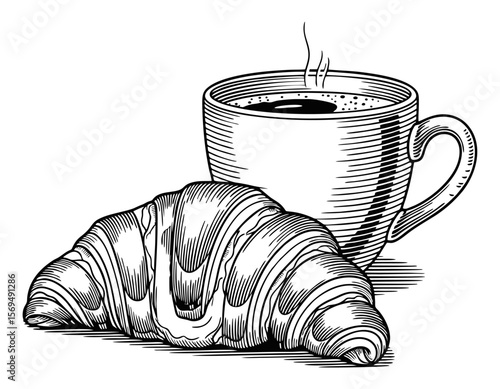 crossiant and coffee cup vector engraving mono color vector design