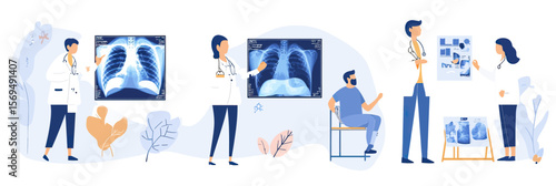 Doctor examining patient chest x ray diagnosing respiratory system lung infection vector illustration healthcare medicine concept flat minimalist style