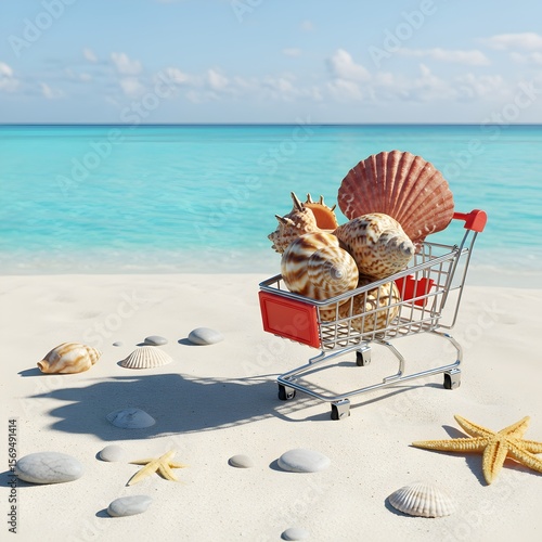 miniature shopping cart placed on white tropical sand near the shore