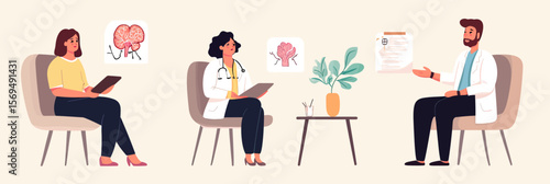 Diverse group mental health consultation session doctor psychologist discussion brain nervous system flat vector illustration therapy counseling