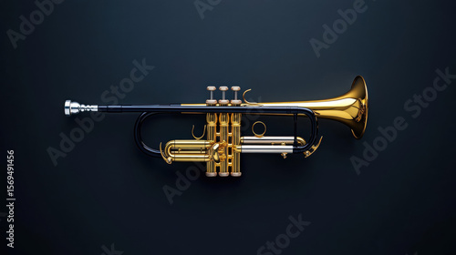 Minimal jazz, Black and gold trumpet on a minimal clean surface.
