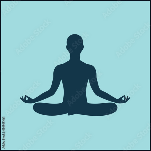 Silhouette of person sitting in lotus yoga meditation pose with crossed legs and hands in mudra against light blue background for relaxation and mindfulness concept vector illustration