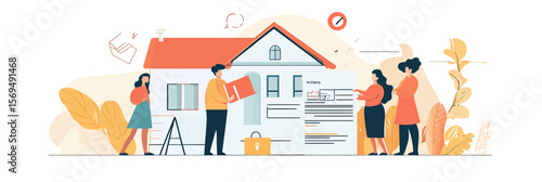 Flat minimalist vector illustration of diverse people reviewing real estate contract and mortgage approval with house background and financial documents concept